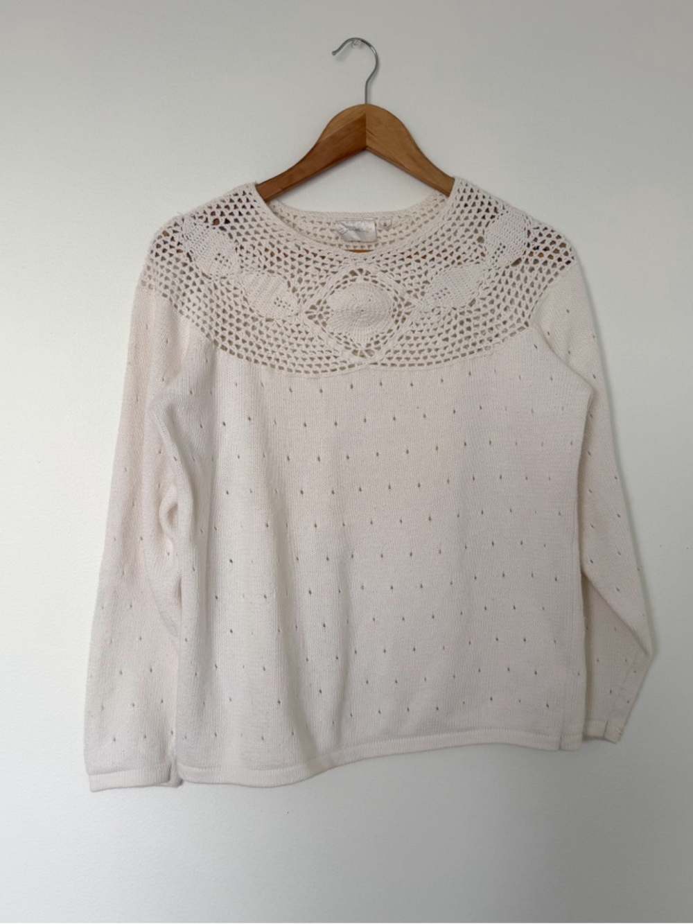 Vintage Cream Crochet Yoke Scoop Neck Sweater